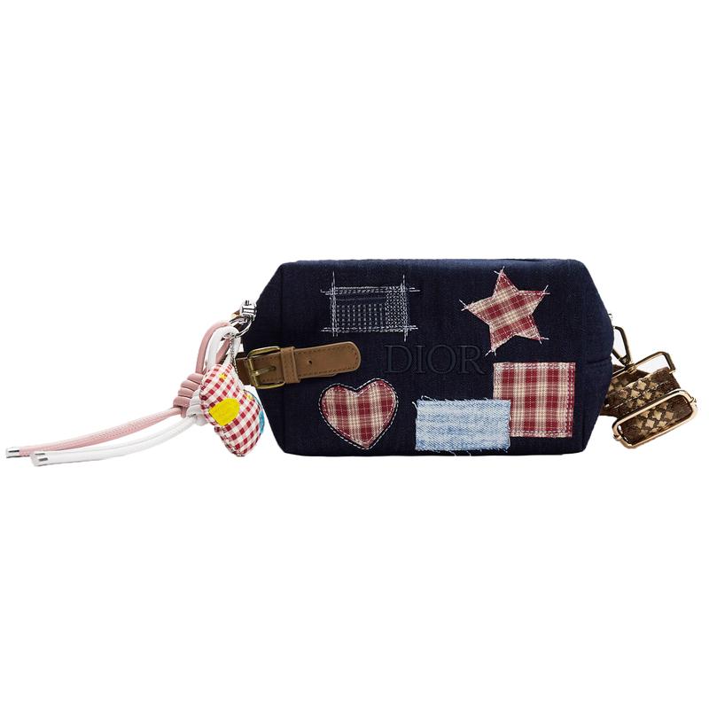 

DIOR Bag [Customized cosmetic bag] Bubble jellyfish, citrus salami, shoulder handbag, portable storage, denim fabric, miu style, trendy plaid stars