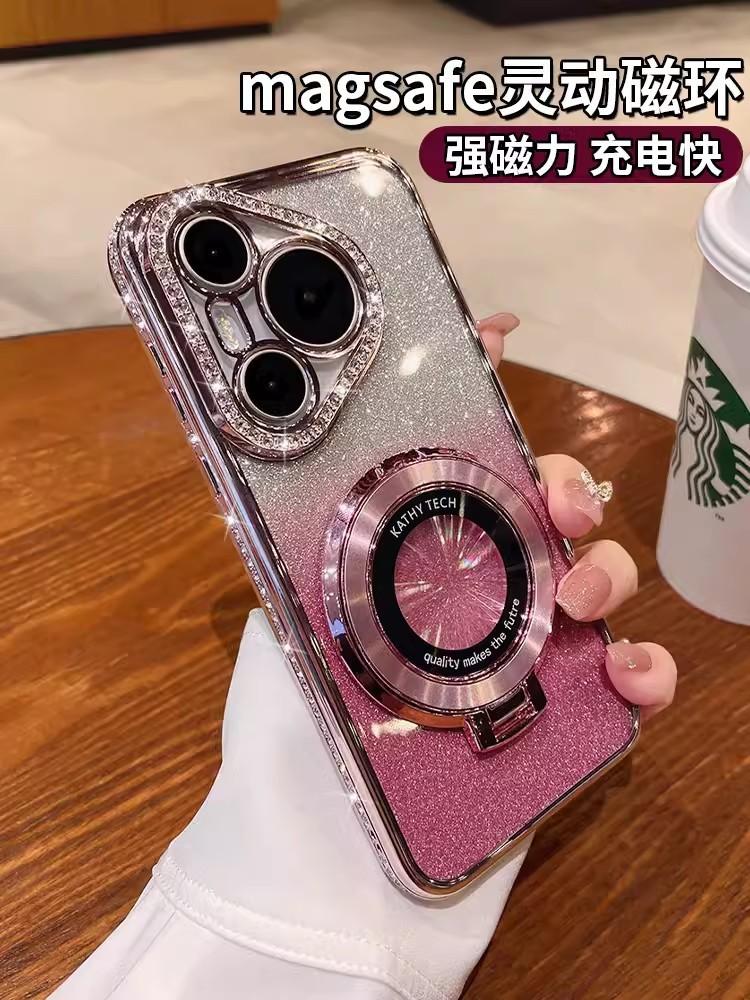 Applicable to Huawei P80pro rhinestone frame CD pattern magnetic suction bracket mobile phone case Mate80 glitter all-inclusive anti-drop cover