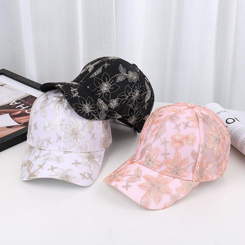 Women'S Summer Breathable Lace Flower Baseball Cap, Polyester Knit Fabric, Stretch Fit, Fashionable Hollow-Out Design