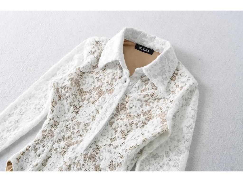 European Fashion Crochet Lace Lapel Bodysuit