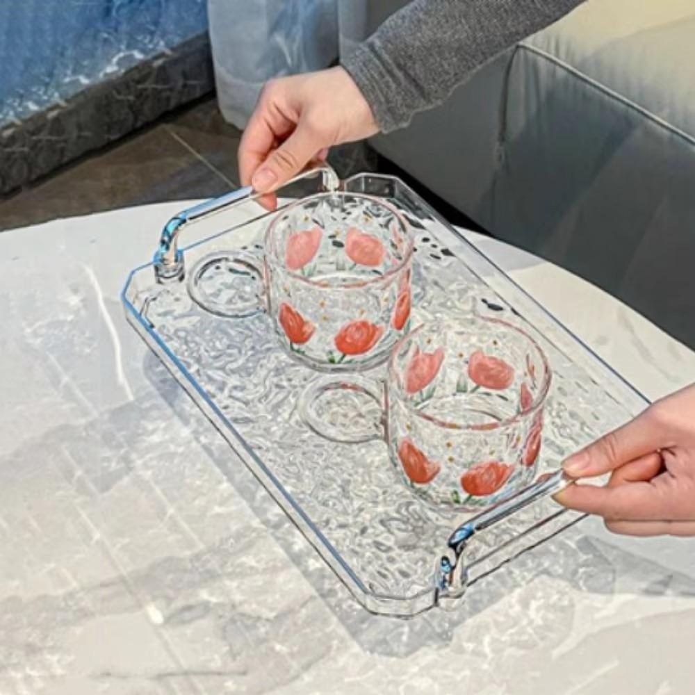 Light Luxury Water Ripple Storage Tray with Handle Dessert Plate Clear Tea Cup Tray  Household