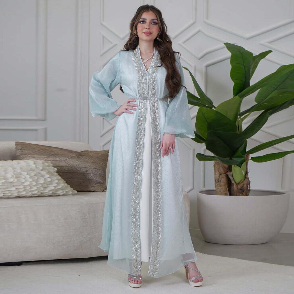 AB453 Puff Sleeve Cardigan: Elegant Long Dress & Robe Set with Hot Drill Accents
