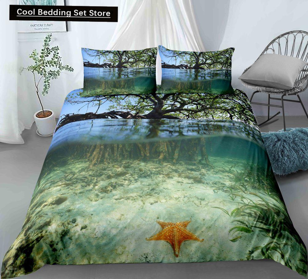 Blue Ocean King Queen Bettbezug Cartoon Seestern Muschel Bettwäscheset für Kind Teenager Erwachsene Meer Strand 2/3tlg. Polyester Bettdeckenbezug