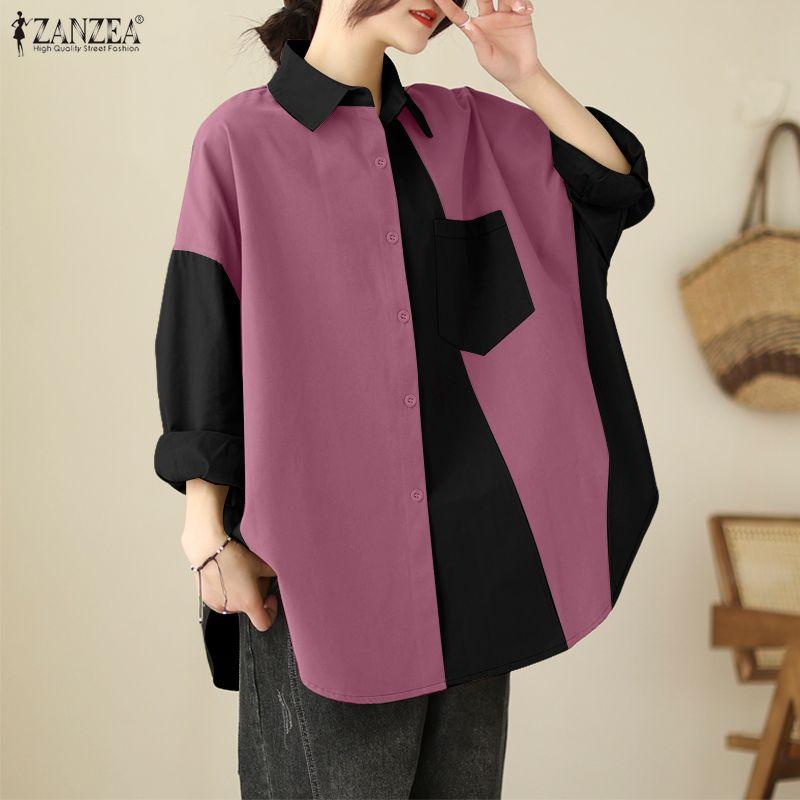

ZANZEA Женская блузка с отложным воротником, пэчворк, свободного кроя, с длинным рукавом, в стиле кэжуал 4XL фиолетовый