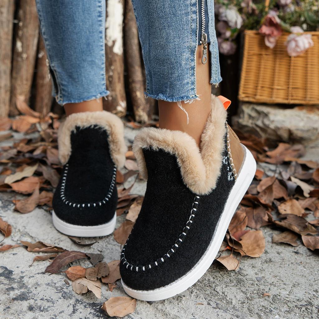 Spring Winter Women's Fashion Plush Lined Snow Boots Solid Color Round Toe Slip On Flat Short Boots Winter Warm Outdoor Short Boot