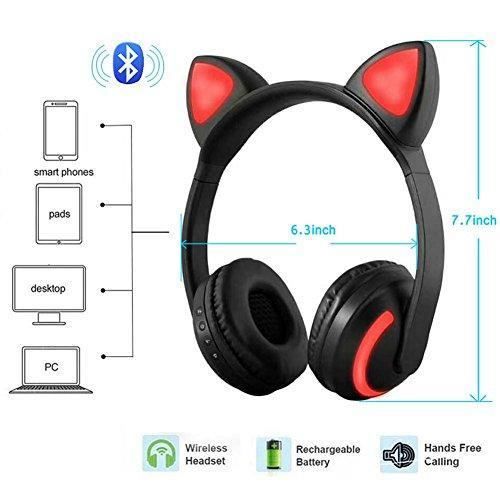 Casque stereo sans fil bluetooth avec oreilles de chat 7 couleurs de lumi ere led clignotantes compatible avec smartphones et t
