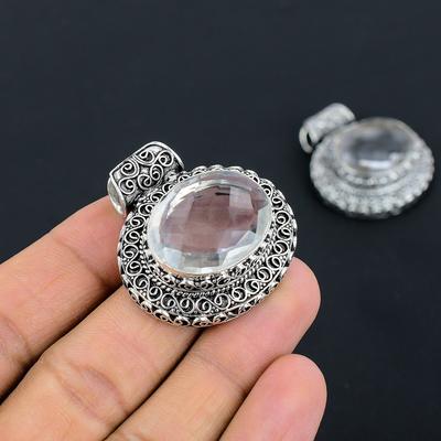 Natural White Topaz Gemstone Handmade 925 Sterling Silver Pendant 1.49" d5I14