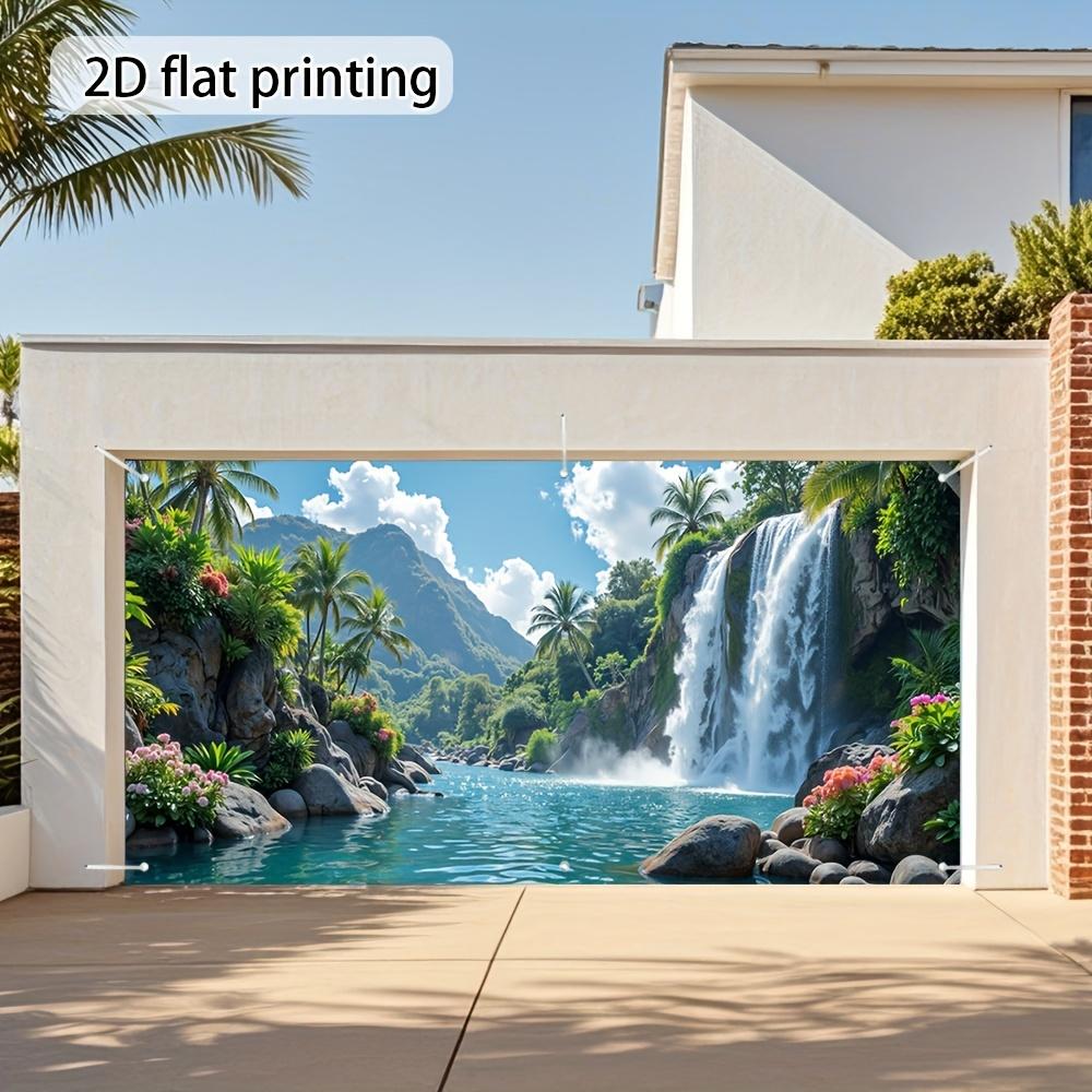 1pc Garage door sign featuring tropical waterfall and floral scenery. 2d flat printing vivid outdoor decoration.