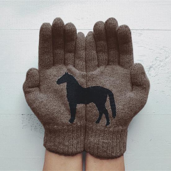Black Horse Print Gloves Warm Ribbed Knitted Gloves Funny Horse Winter Gloves Gift for Men Women Driving Daily Errands Use