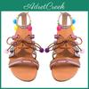 Elegantní Dámské Boho Sandály Gladiator Kožené Ploché Boty S Barevnými Pompony