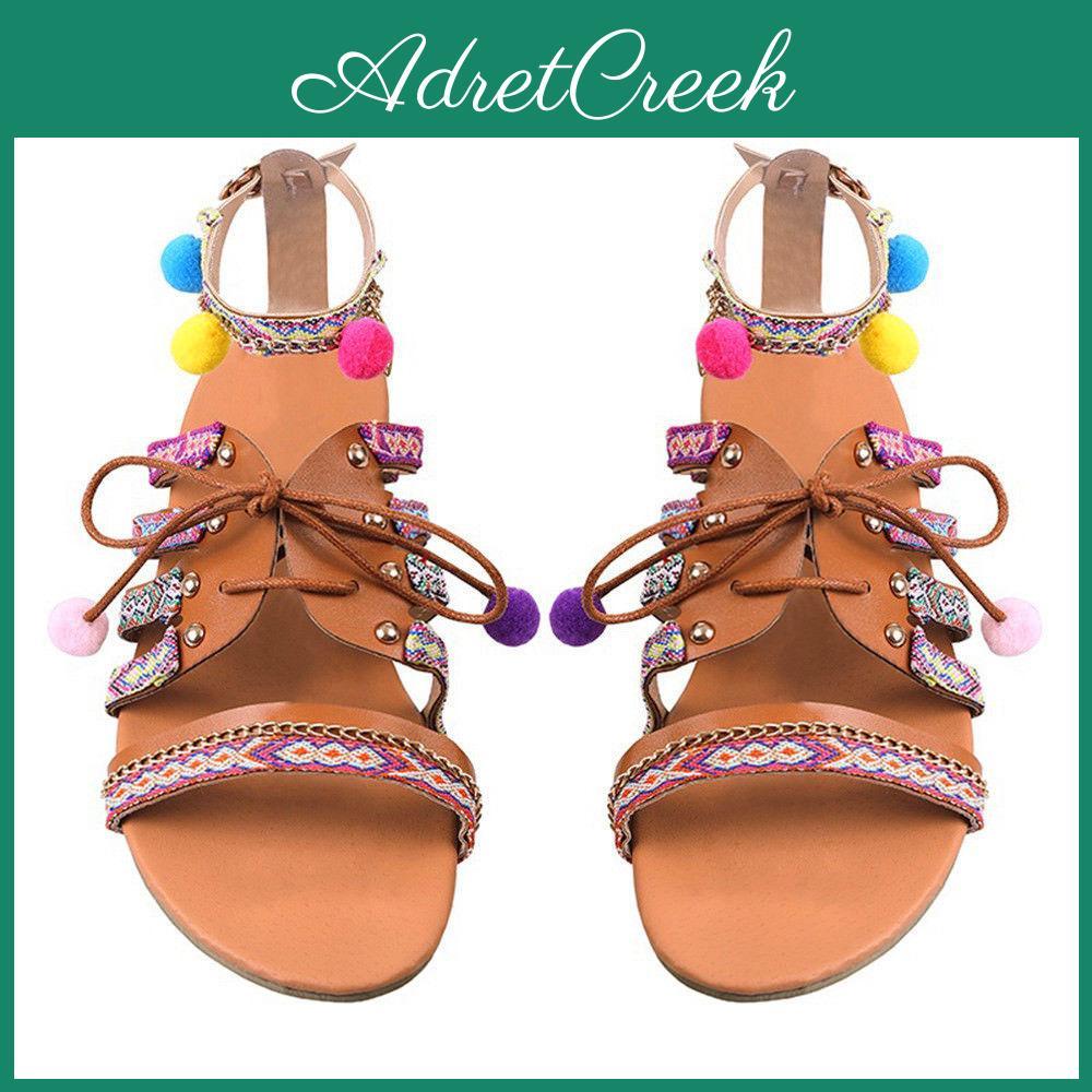 Elegantní Dámské Boho Sandály Gladiator Kožené Ploché Boty S Barevnými Pompony