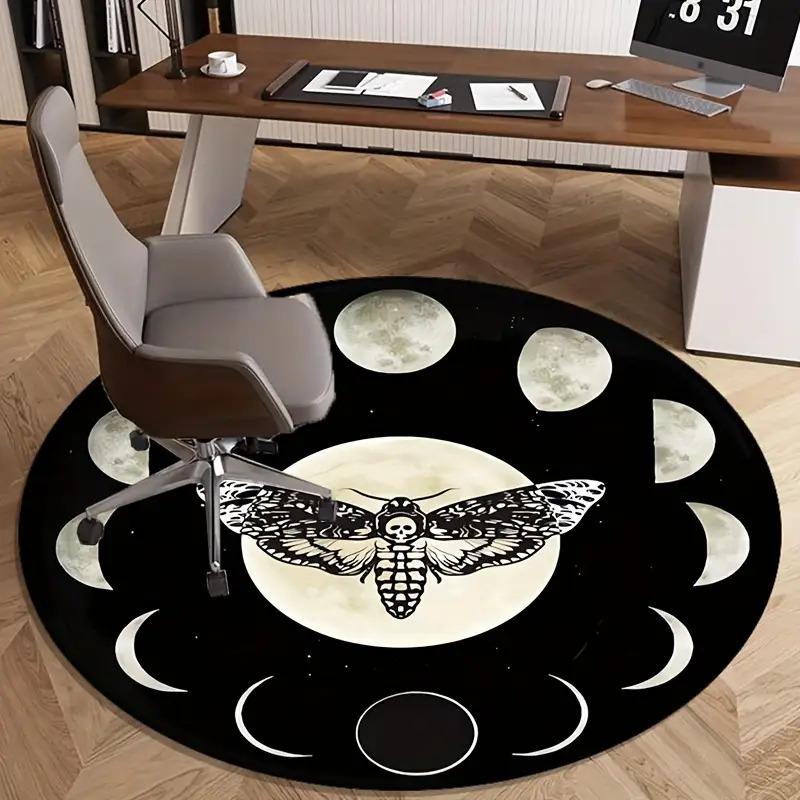 Crystal Velvet Carpet Crystal Velvet Gothic Bohemian Round Mat - 3D Horror Skull Moth & Moon Phase Design Black Mat with