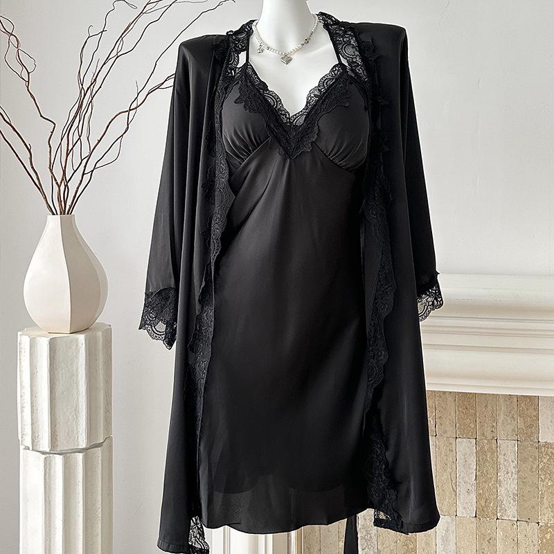 Women's Summer Ice Silk V-Neck Camisole Nightgown Set – Sexy, Solid Color, Slit Design, Two-Piece Luxury Homewear