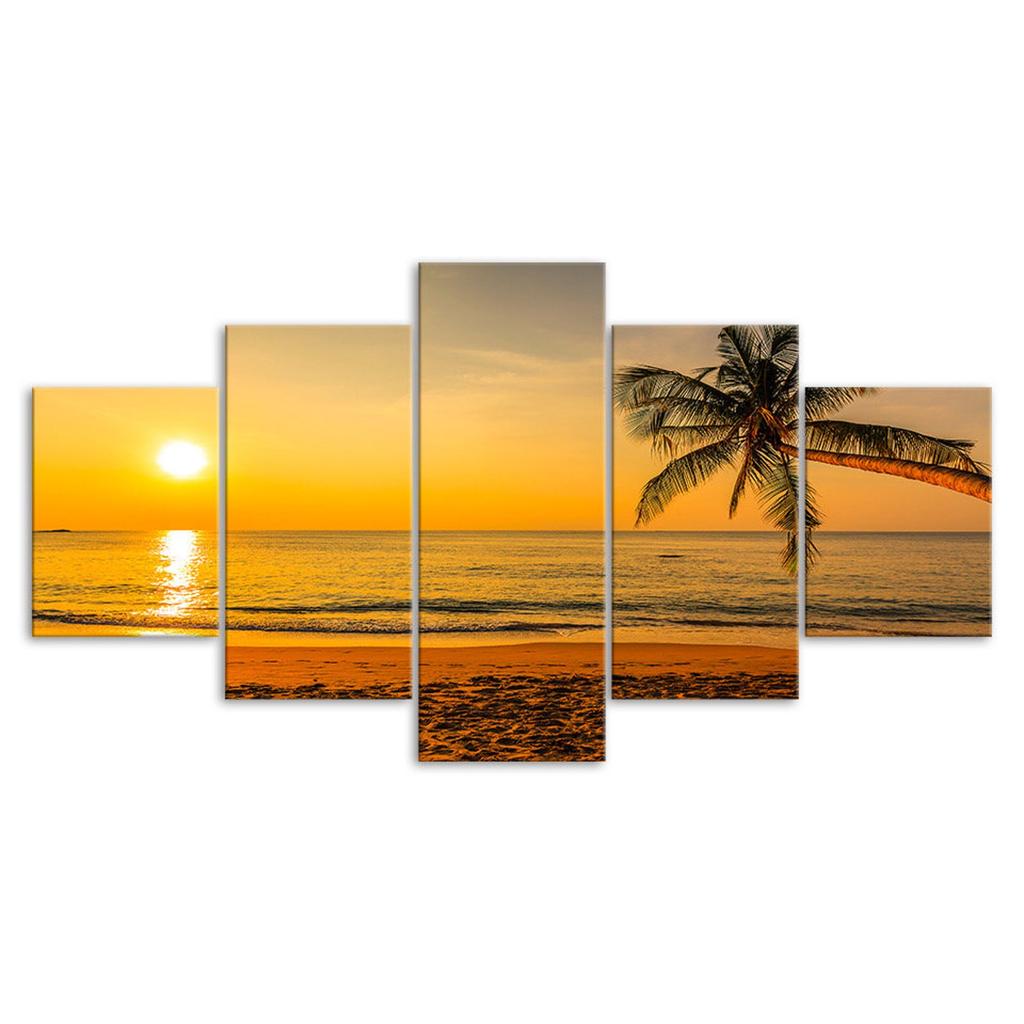 Palm Tree Beach Sunset 5 Piece Canvas Wall Art Multi Panel Print Modern Poster Home Decor Picture Gift For Him For Her
