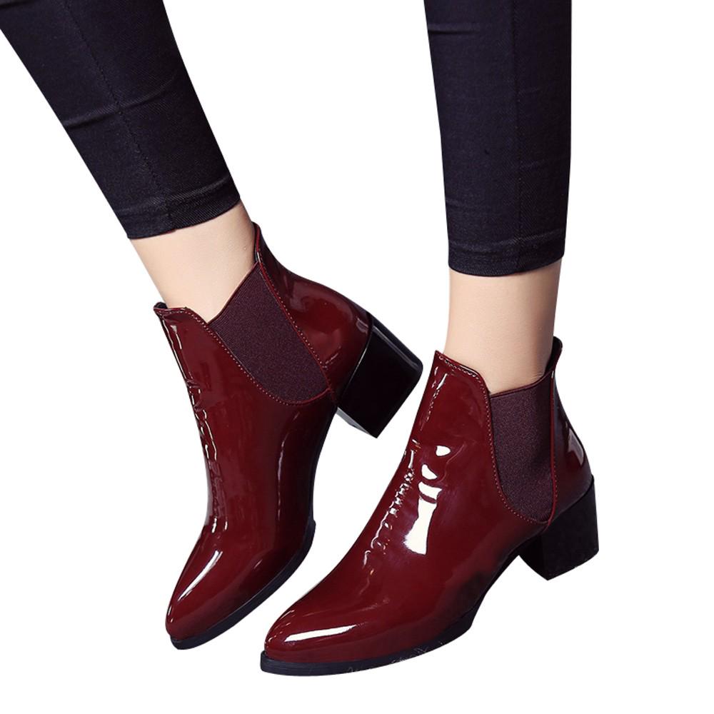 Fashion Women Elasticated Patent Leather Boots Pointed Low Heel Boot