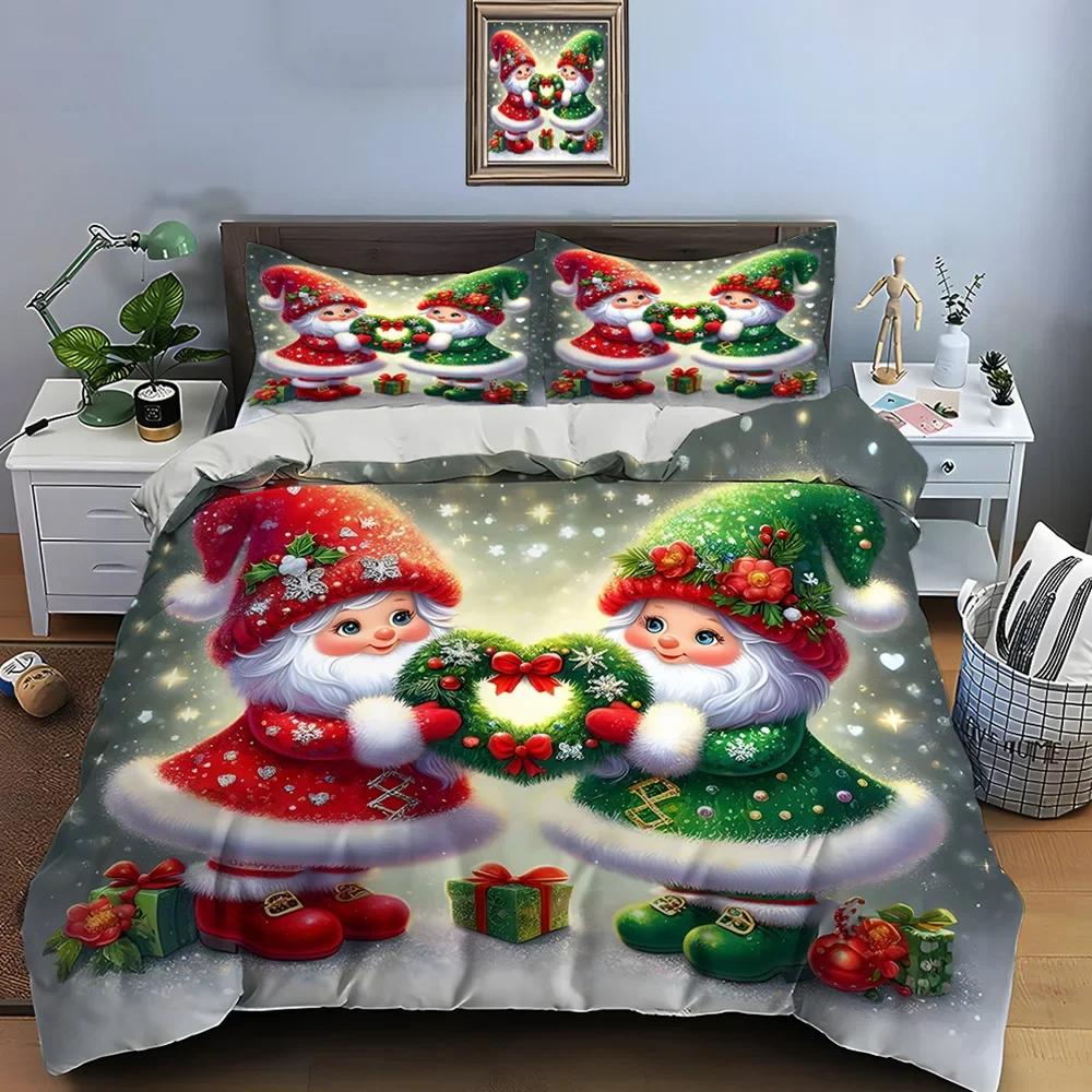 Christmas Gnome Print Bedding Set Duvet Cover 1 Duvet Cover 2 Pillowcases Adult And Children Bedding Set Luxury Holiday Gifts