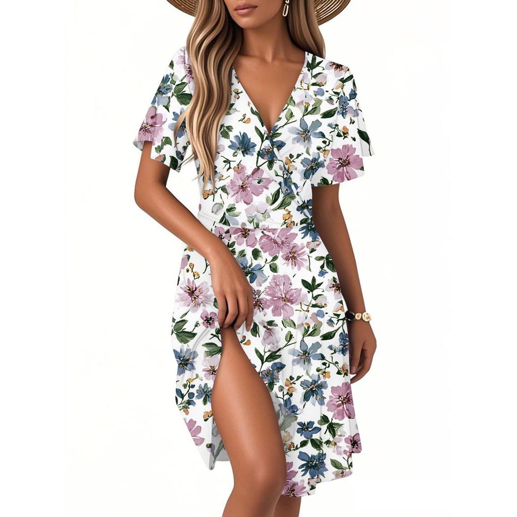 Women's Fashion Short Sleeve Wrap Sundress V-Neck Floral Print Dresses