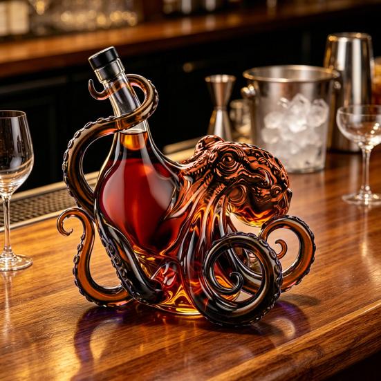3D Octopus Whiskey Decanter, Nautical Art Collectible Whiskey Bottle, 350ml Glass Decorative Liquor Bottle, Home Bar Decanter for Spirits Whiskey