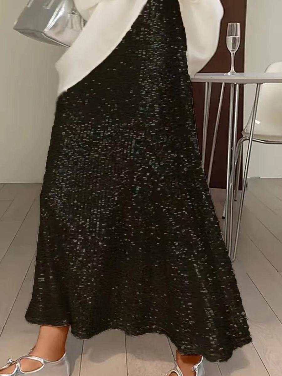 Новое платье-юбка в иностранном стиле, блестящие пайетки, высокая талия, эластичная талия, подкладка, юбка средней длины для женщин S чёрный