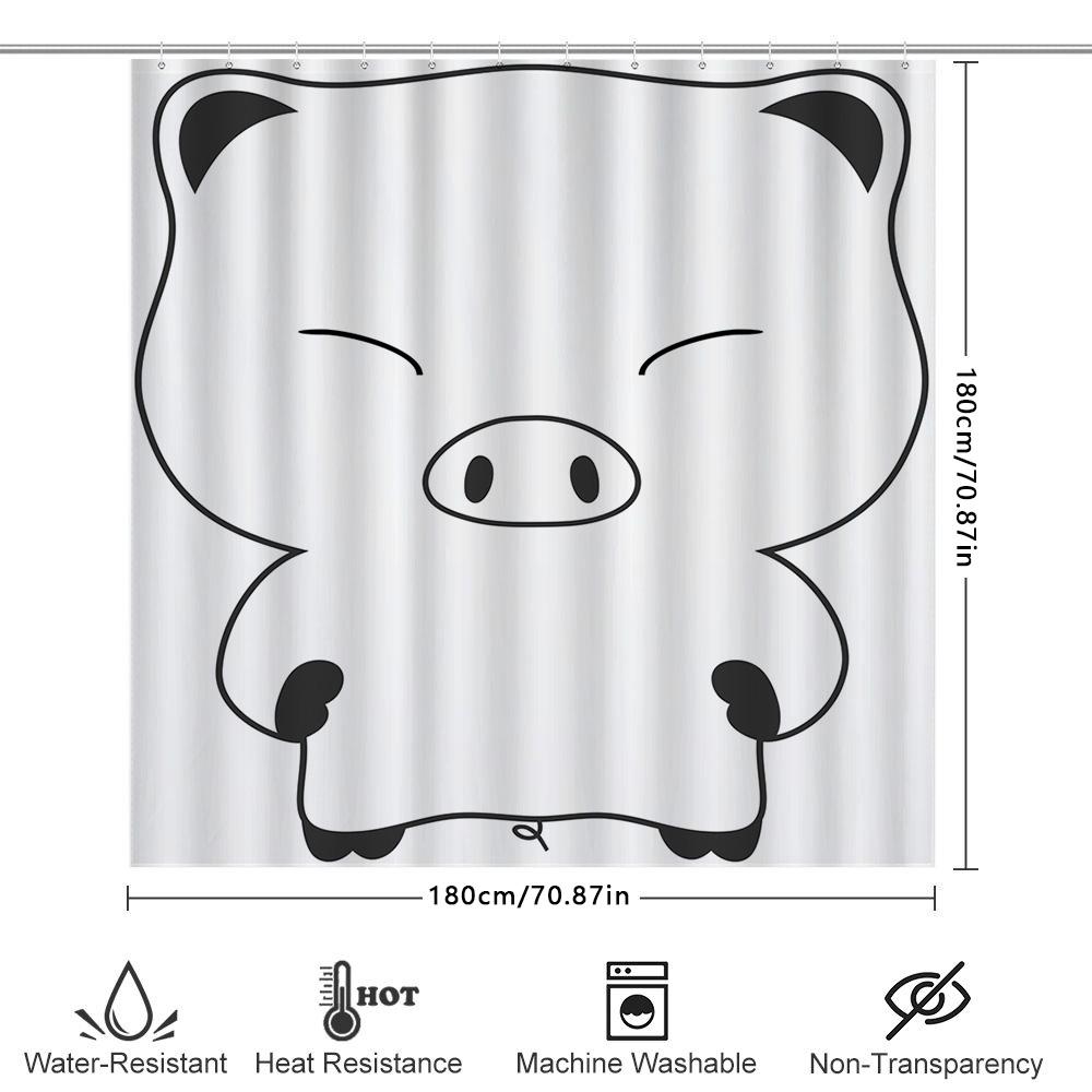 Adorable Black White Pig Design Shower Curtain Waterproof Fabric For Bathroom Decoration 72X84In