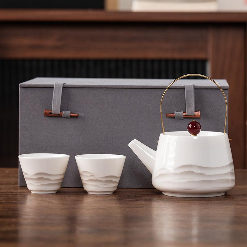 Beam Pot One Pot and Two Cups Suet Jade Porcelain Light Luxury Kung Fu Tea Set Kuaike Cup High-end Brocade Box Gift Box