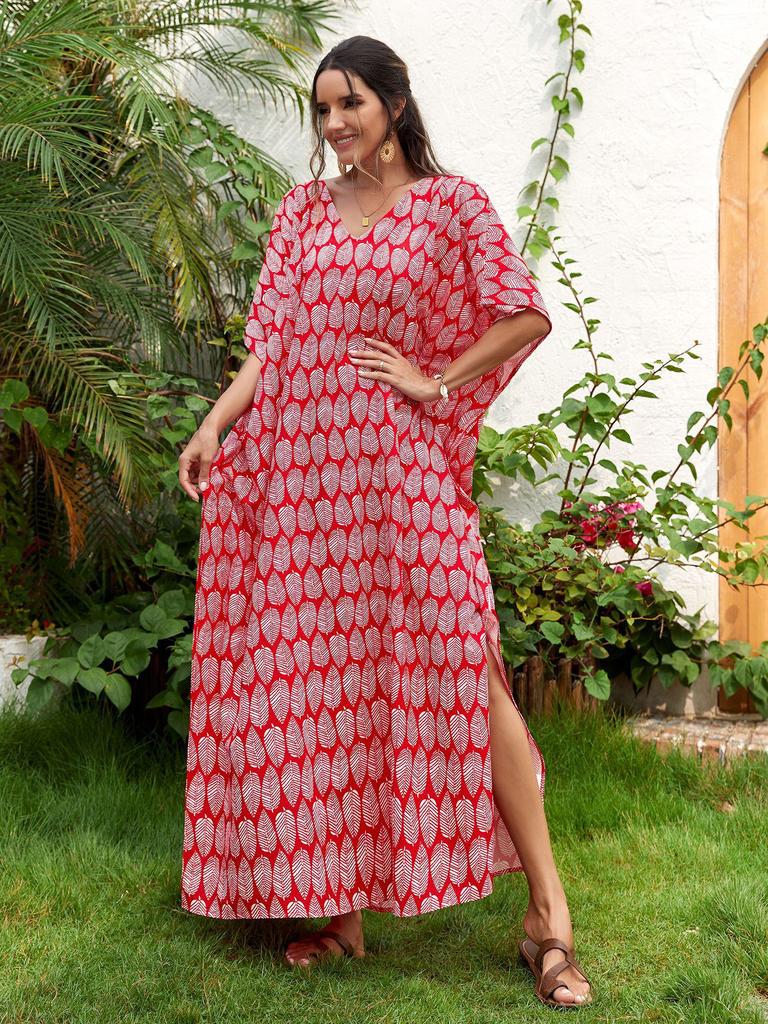 Bedruckter V-Ausschnitt Strandüberwurf: Europäischer & Amerikanischer Stil Lockerer Bademantel für Strandurlaube