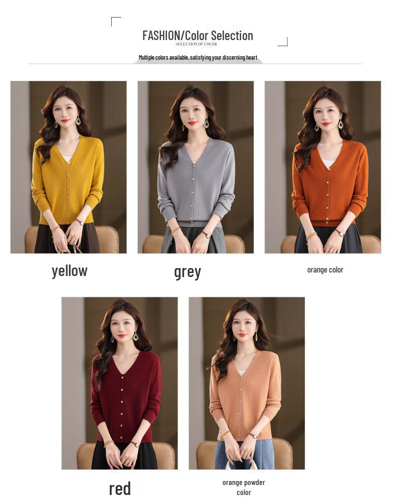 Women's 100% Wool V-Neck Cardigan - Spring/Autumn 2025, Long Sleeve, Petite, Lightweight Sweater
