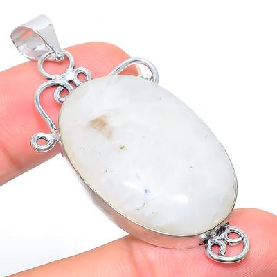Natural Rainbow Moonstone Gemstone 925 Sterling Silver Pendant 2.44" I3Q71