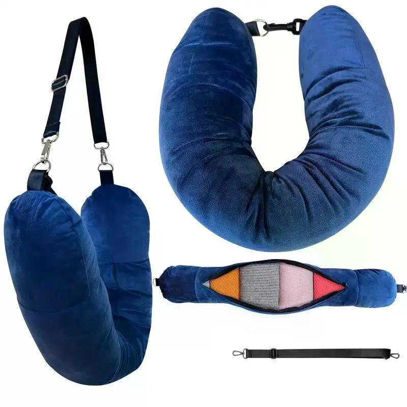 Travel Neck Pillow With Fillable Clothing Storage Bag U-Shaped Pillowcase Crystal Fleece Neck Pillow Cover For Airplane Travel