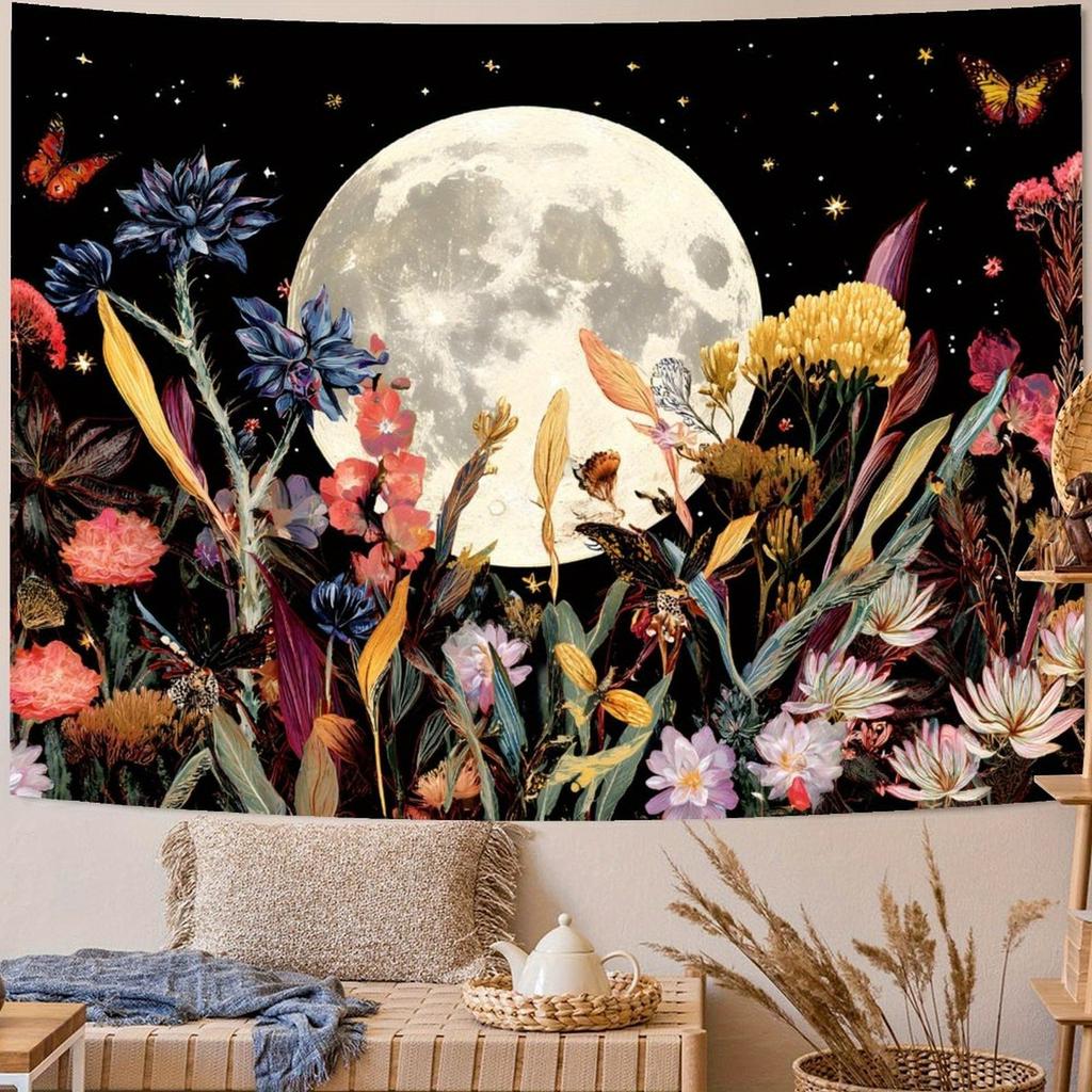 FAXDONG Vintage Moon Phase Butterfly Floral Wall Tapestry - Celestial Botanical Mystical Design with Vibrant Colors, Durable Fabric for Living Room De