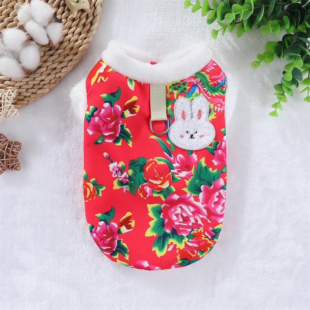 Dog Clothes Thickened In Autumn and Winter Go Out Pet Cat Festive New Year's Clothing Northeast Large Flower Jacket Small Medium and Large Dog