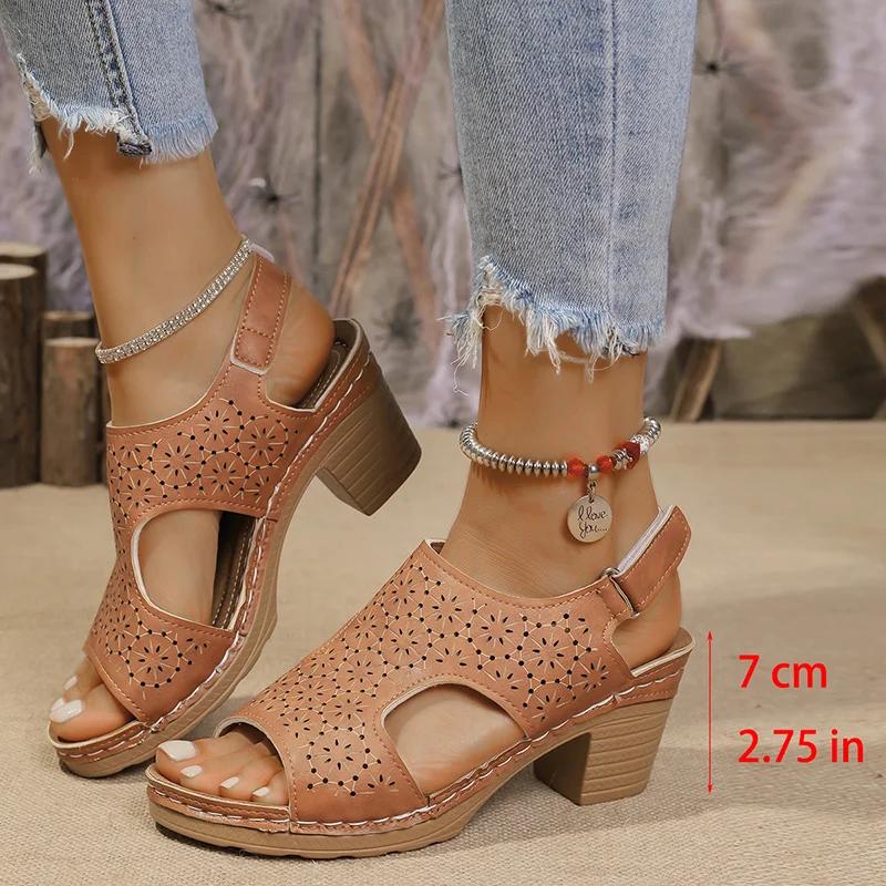 Fashion Hollow Out Women's High Heels Sandals Summer Hook Loop Thick Heeled Platform Sandles Casual Anti-Slip Beach Sandals Plus Size