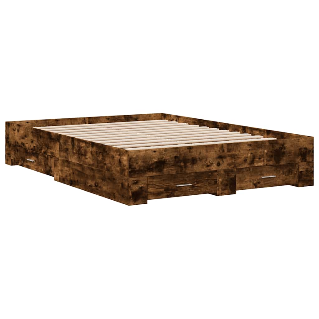Bed Frame with Drawers Smoked Oak 135 X 190 Cm Wood Based Material