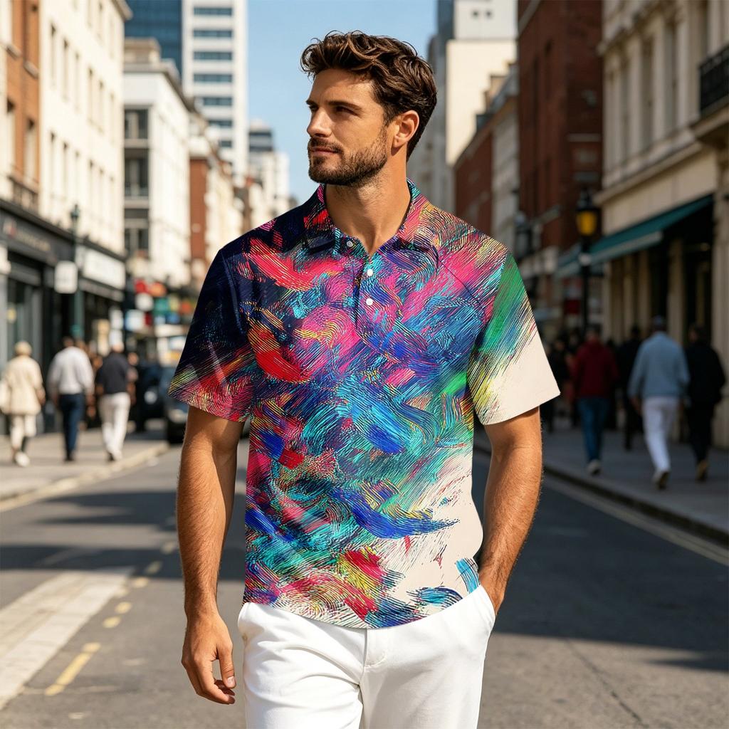 Men's Short Sleeve Lapel Collar Shirt Lightweight Cotton Linen Gradient Print Breathable Casual Summer Everyday Top