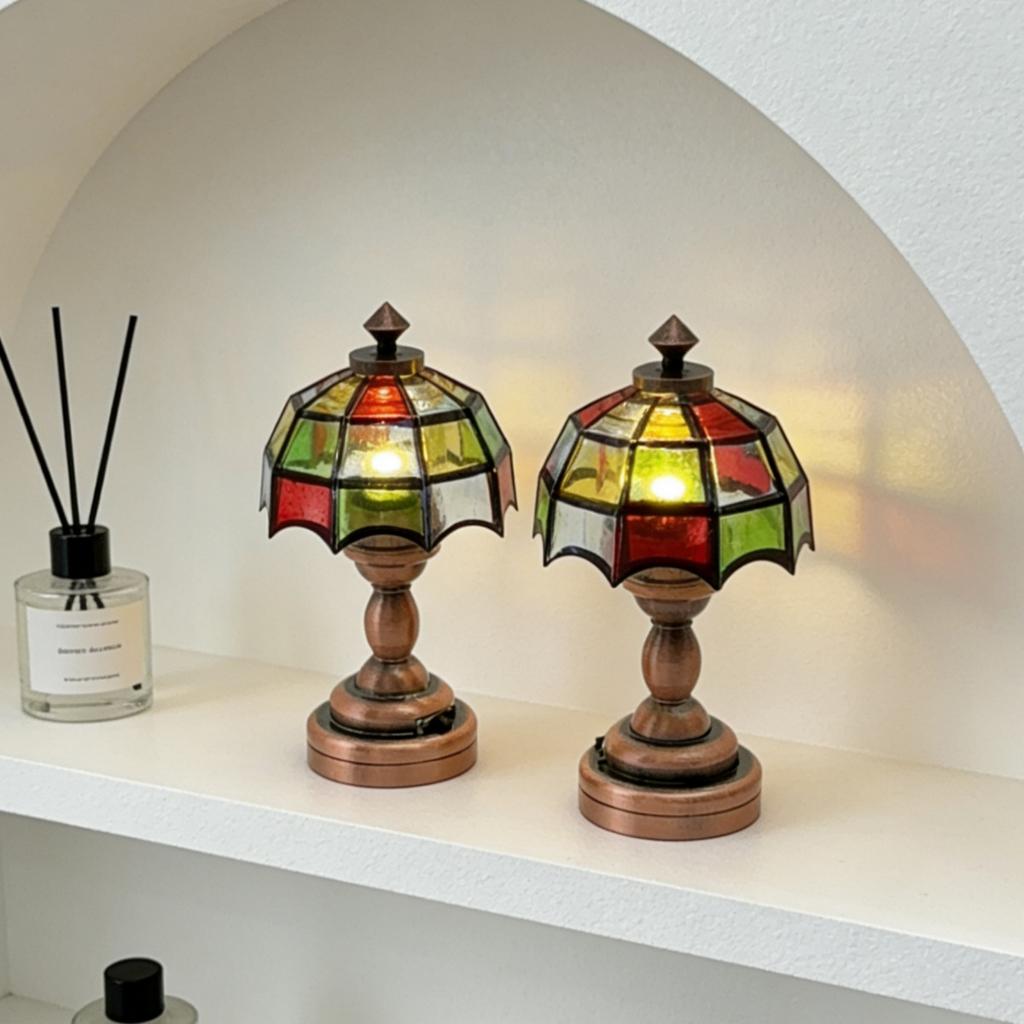 Dollhouse Mini Colored Glass Table Lamp Miniature Retro Colored Desk Lamp Dollhouse Furniture Decoration Home Decor