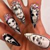 24Pcs Black And White Horror Long Almond Press On Nails With Rhinestones Reusable Glossy False Nails