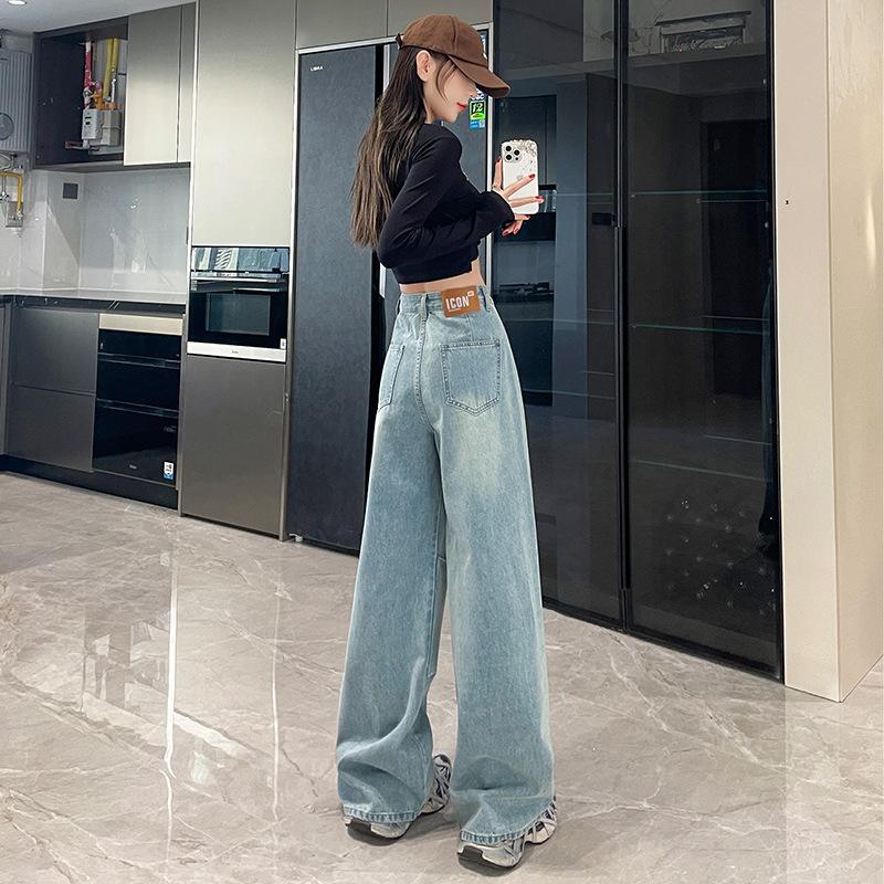 Blugi Retro Albaștri High Street cu Picior Larg pentru Femei Primăvara și Toamna Stil Nou Slim Fit Larg Acoperitor de Carne Pantaloni Drepți Căzuți