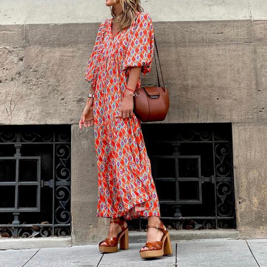 Women Dress Geometric Print Large Hem Autumn Bohemian Ruffles Long Dress for Beach