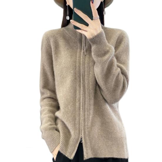 Women Knitted Sweater Coat High Collar Long Sleeve Double Zipper Placket