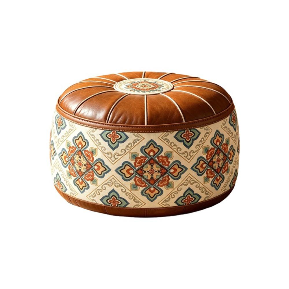 Fillable Round Ottoman Stool Vintage Style Storage Ottoman Pouf Footstool Cover Entryway Seating