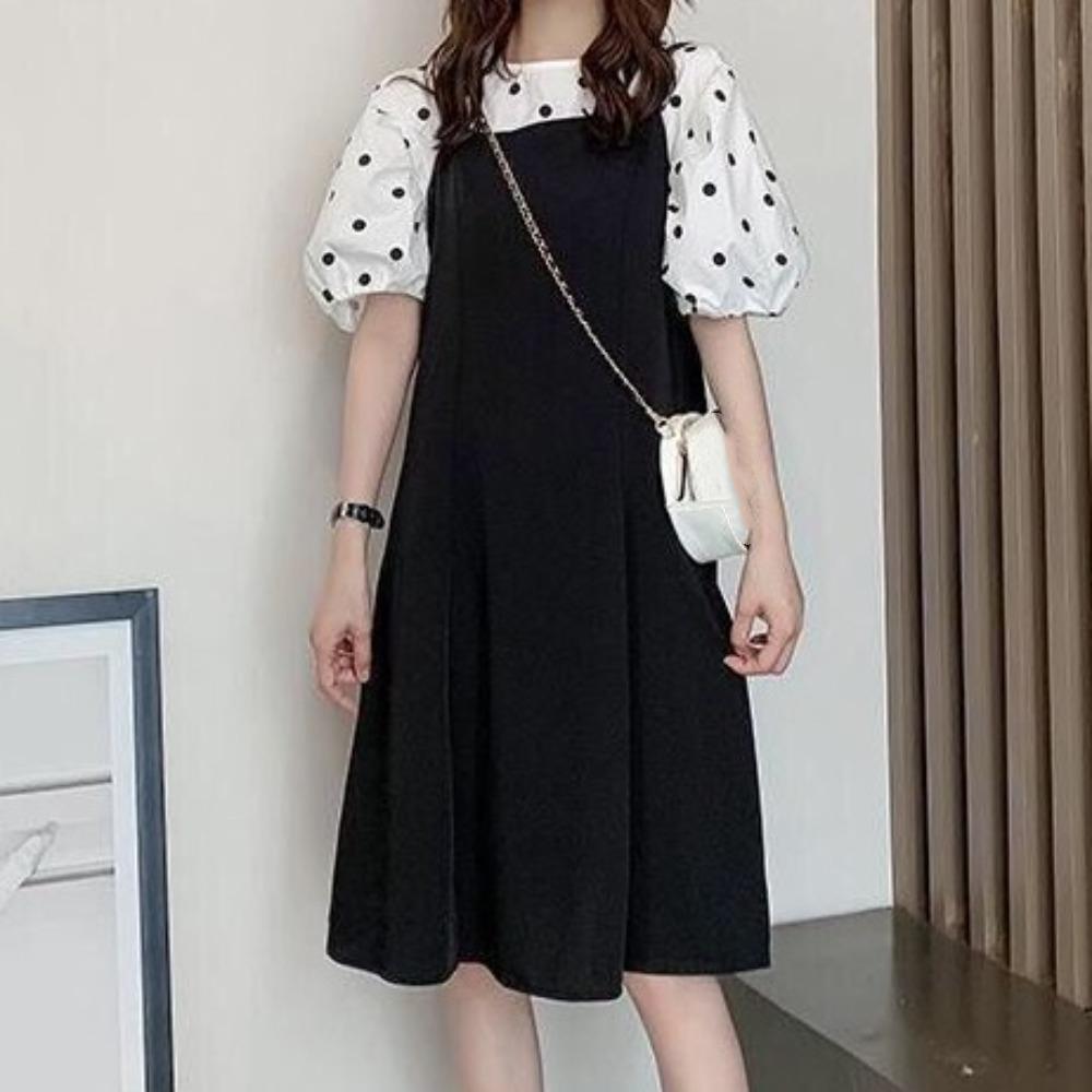 

Dot Two Piece Set Dress A-line T shirt Dress All-match Suspenders Dresses Women Vacation M чёрный