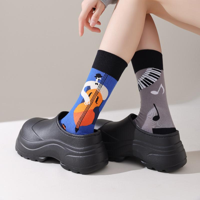 Unisex A/B Style Asymmetrical Cartoon Mid-Calf Cotton Socks