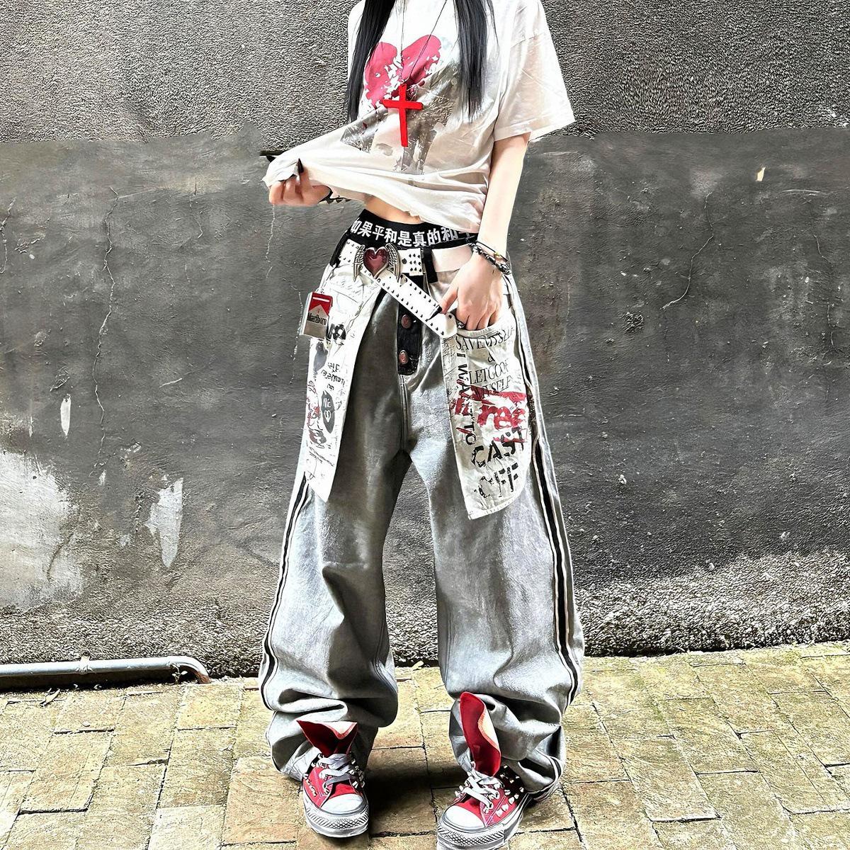 Unisex Washed Inside-Out Wide-Leg Retro Jeans 2XL серый