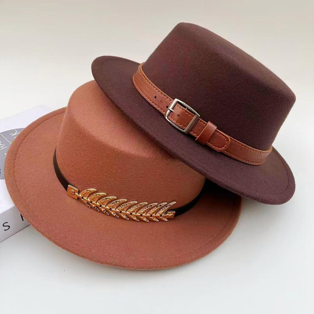 Coffee Color Is Fashionable and Elegant, Woolen Flat-top Hat, Women's Spring, Autumn and Winter Concave Shape Wears British Retro Top Hat Tide