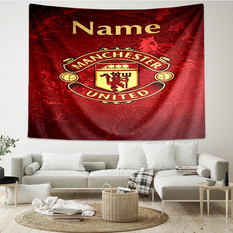 Custom Name Manchester United Print Tapestry, Backdrop, Easy Setup, Ideal for Bedroom, Office & Living Room, with Aesthetic Wall Hanging Decor.