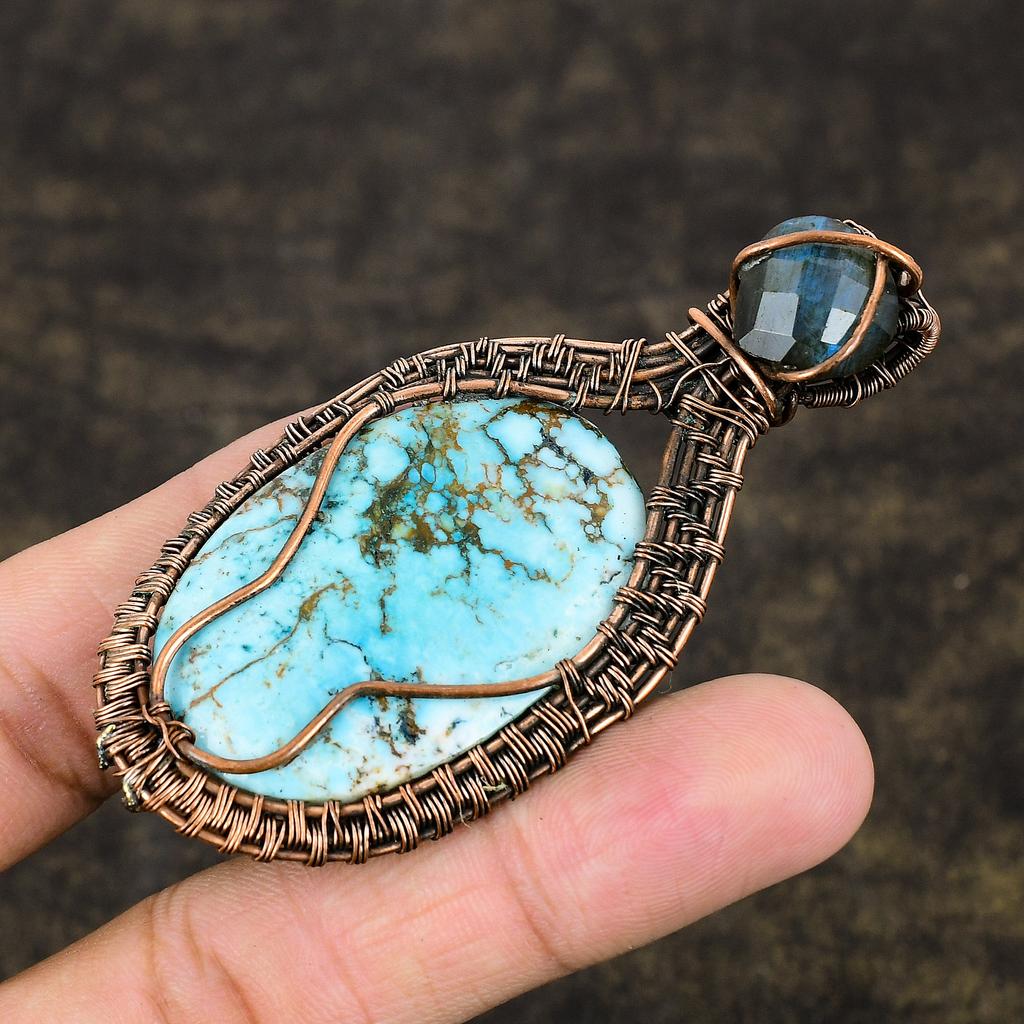 Tibetan Turquoise, Labradorite Copper Wire Wrap Gift Pendant 3.19 J0S25