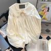 Primavera Autunno Donne Camicia Dolce in Pizzo Floreale con Colletto alla Coreana Donna Manica Lunga Blusa Casual Ampia per Donne Camicie con Bottoni