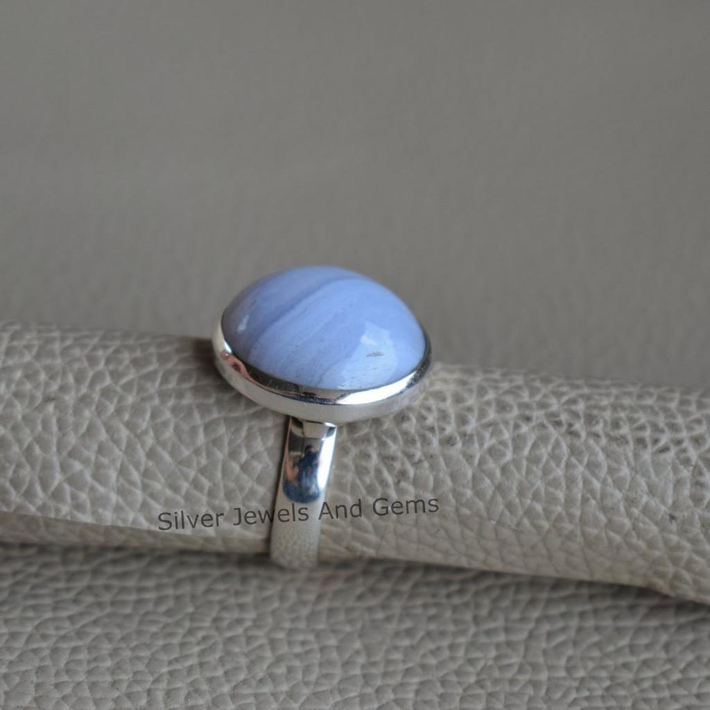 Natural Blue Lace Agate Ring, Round Agate Ring, Gift for Women, Handmade Ring for Her, 925 Sterling Silver Ring, Promise Ring