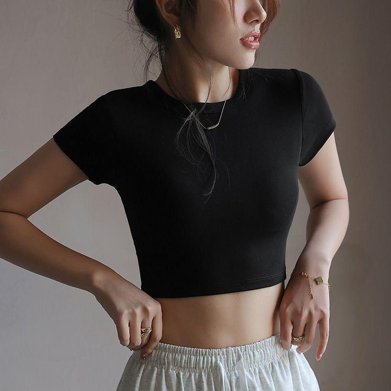 

Black American front shoulder crew neck short short-sleeved T-shirt women s summer new slim-fitting navel-showing sweet Spice Girl top 2XL