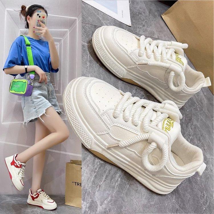 Women's White Shoes New Spring Thick-Soled Women's Shoes Round Toe Leather Facing Shoes Women's Ins Fashion Casual Sports Skate Shoes